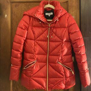 Women's Nine West Red Winter Puffer coat with hood and gold hardware